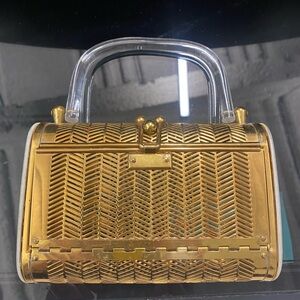 Metal basket woven Box Purse Bag Vintage 1930's Bakelite sides. Lucite handle